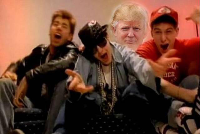 "Donald Trump Donald Tramp living in the Men's Shelter/ Wonder Bread bag shoes and singing Helter Skelter/ He asks for a dollar you know what it's for/ Bottle after bottle he'll always need more"âFrom The Beastie Boys' song "Johnny Ryall"